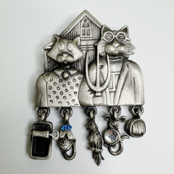 Ajc Jewelry - AJC Gothic Cat Brooch with Charms Farming Couple Silver Pewter Pin Vintage